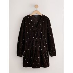 Next Mini robe à manches longues en velours côtelé à cravate et col V Brun FR 50 Petite (EU 48 P)