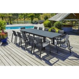 DCB Garden - Ensemble de jardin Table miami-tb300 extensible + 12 Fauteuils alu-miami-ft empilables gris anthracite OS