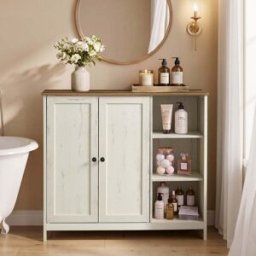 VASAGLE Meuble de salle de bain avec portes et compartiments ouverts, Blanc Rustique + Marron Miel