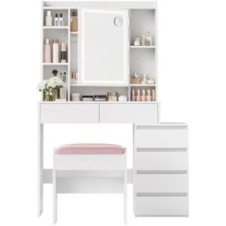VASAGLE Coiffeuse avec miroir LED, tabouret, tiroirs et rangements ouverts