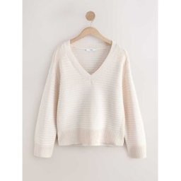 Next Pull en maille côtelée à col en V crème XS Reg (FR 36)