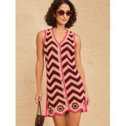 Love & Roses Love & Roses Crochet Zig Zag Striped V-Neck Knitted Mini Dress pâle FR 48 (EU 46)