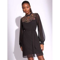 Lipsy Lipsy Sequin Embellished Cut Out Artwork Long Sleeve Mini Shift Dress Noir FR 40 (EU 38)