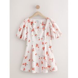 Next Robe mini à Manche bouffante et boutonné crème FR 42 Tall (EU 40 T)