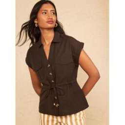 Love & Roses Love & Roses Roll Sleeve Tie Waist Linen Blend Shirt Brun FR 48 (EU 46)