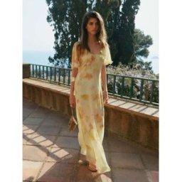 BHOEM Robe longue de soirée en mousseline à Imprimé Fleuri et manches cape jaune FR 40 (EU 38)