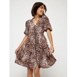 SCAMP & DUDE SCAMP & DUDE Zip Front Short Tiered Dress with Cheetah Leopard and Lightning Bolt naturel FR 38 (EU 36)