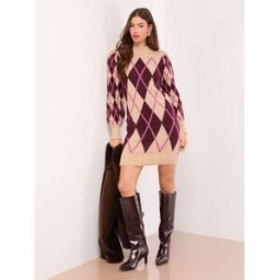 Lipsy Robe mini en maille à col montant boutonnée Lipsy à carreaux losanges naturel FR 38 (EU 36)