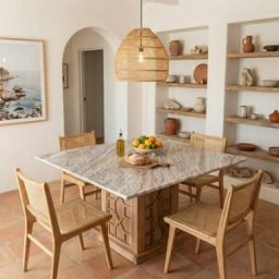 Bois & Chiffons - Table à manger carrée avec plateau en marbre Acacia Punjab-II beige - 130x130x76 cm OS