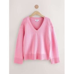 Next Pull en maille côtelée à col en V Rose L Petite (FR 46-48)
