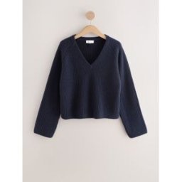 Next Pull en maille côtelée épaisse N. Premium, col en V, 100% laine. bleu XXL Regular (FR 54-56)