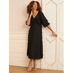 Love & Roses Love & Roses 3Robe mi-longue D Fleuri Col en V Manche bouffante Noir FR 40 (EU 38)