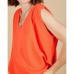 Cashmere Tribu - Pull 100% Cachemire Bella épaulettes corail fluo L