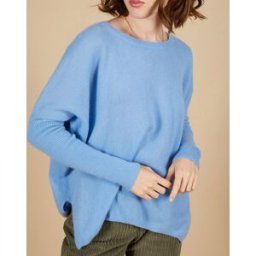Cashmere Tribu - Pull poncho 100% Cachemire Alizée col rond bleu topaze S