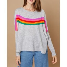 Cashmere Tribu - Pull poncho 100% Cachemire Rocky col rond à bandes gris chiné clair M