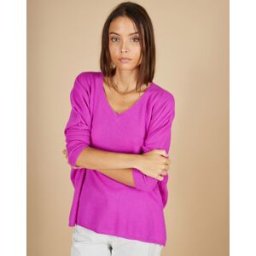 Cashmere Tribu - Pull poncho 100% Cachemire Emma col V violet fluo S