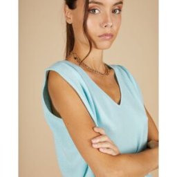 Cashmere Tribu - Pull 100% Cachemire Bella épaulettes bleu océan M