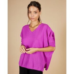 Cashmere Tribu - Pull poncho 100% Cachemire Kelly col V manches courtes violet fluo M
