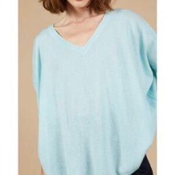 Cashmere Tribu - Pull poncho 100% Cachemire Kelly col V manches courtes bleu océan S