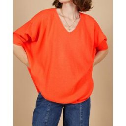 Cashmere Tribu - Pull poncho 100% Cachemire Kelly col V manches courtes corail fluo S