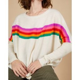 Cashmere Tribu - Pull poncho 100% Cachemire Rocky col rond à bandes blanc cassé S