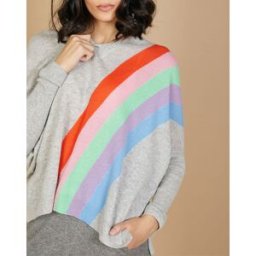 Cashmere Tribu - Pull poncho 100% Cachemire Intarsia Soleil col V gris chiné clair M