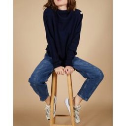 Cashmere Tribu - Pull ample 100% Cachemire Sandy col montant à bouton bleu nuit L