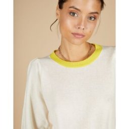 Cashmere Tribu - Pull 100% Cachemire Romane col rond écru/liseré citron S