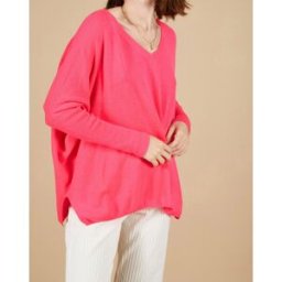 Cashmere Tribu - Pull poncho 100% Cachemire Emma col V rose fluo M