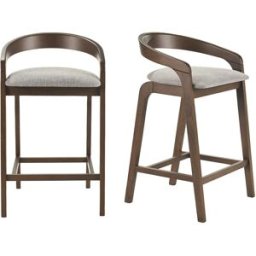 Miliboo Tabourets de bar en tissu effet velours texturé gris et bois foncé H68 cm (lot de 2) PULSO