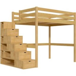 ABC MEUBLES Lit mezzanine bois 140x200 Sylvia avec escalier cube - Miel