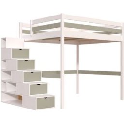 ABC MEUBLES Lit Mezzanine bois 160x200 avec escalier cube Sylvia - Blanc/Moka