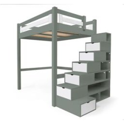 ABC MEUBLES Lit Mezzanine adulte bois 160x200 Alpage hauteur réglable + escalier cube - Gris/Blanc