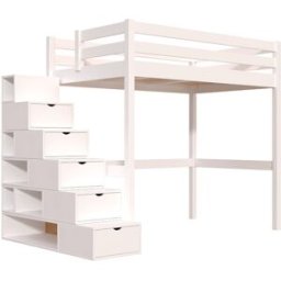 ABC MEUBLES Lit mezzanine bois 120x200 Sylvia avec escalier cube - Blanc