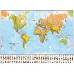 Carte murale plastifiée avec lattes de maintien en bois - Monde politique (en anglais), avec bande de drapeaux - 1/40M (103 x 74 cm) Maps International