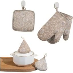 INF Ensemble de cuisine anti-brûlure 5 pièces : Gants, maniques et protège-poignées pour une cuisine en toute sécurité Marron