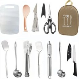 INF Ensemble d'ustensiles de cuisine de camping portables 12 pièces - Outils de cuisine en acier inoxydable avec sac en tissu Kaki