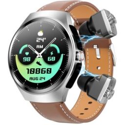 Montre Connectée 2 En 1 Avec Écouteurs Bluetooth Écran Amoled Ip67 Nfc Cuir Marron Yonis