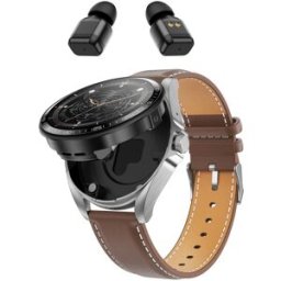 Montre Connectée Deux En Un Avec Écouteurs Bluetooth Écran Hd 1,46 Pouce Argent + Similicuir Marron Yonis