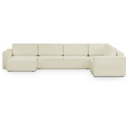 Canapé d'angle à droite panoramique convertible modulable 8 places en tissu bouclé beige - Harper Mod