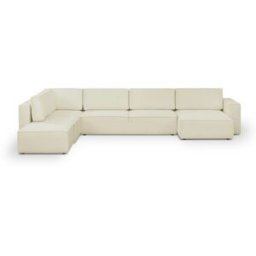 Canapé d'angle à gauche panoramique convertible modulable 8 places avec pouf en tissu bouclé beige - Harper Mod