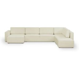 Canapé d'angle à droite panoramique convertible modulable 8 places avec pouf en tissu bouclé beige - Harper Mod