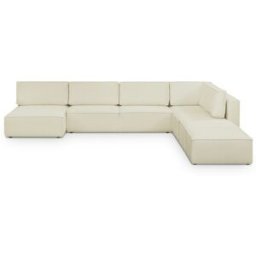 Canapé d'angle à droite panoramique convertible modulable 8 places avec 2 poufs en tissu bouclé beige - Harper Mod