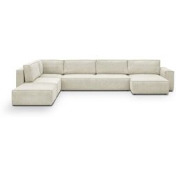 Canapé d'angle à gauche panoramique convertible modulable 8 places avec pouf en velours côtelé beige - Harper Mod