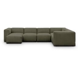 Canapé modulable panoramique 6 places avec méridienne à gauche + pouf en velours côtelé vert kaki - Modulo