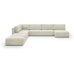 Canapé d'angle à gauche panoramique convertible modulable 8 places avec 2 poufs en velours côtelé beige - Harper Mod