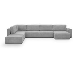 Canapé d'angle à gauche panoramique convertible modulable 8 places avec pouf en velours côtelé gris clair - Harper Mod