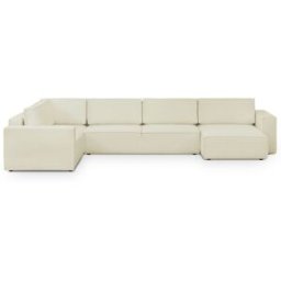 Canapé d'angle à gauche panoramique convertible modulable 8 places en tissu bouclé beige - Harper Mod