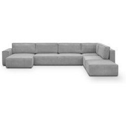 Canapé d'angle à droite panoramique convertible modulable 8 places avec pouf en velours côtelé gris clair - Harper Mod