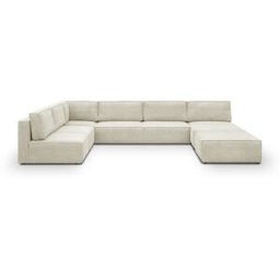 Canapé d'angle à gauche panoramique modulable convertible 10 places avec pouf en velours côtelé beige - Harper Mod